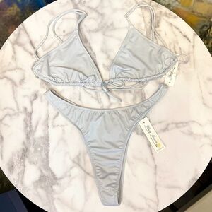 Heavy Manners Bikini Set Triangle Tie Top High Cut Thong Dove Gray Large NWT